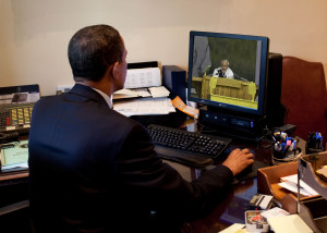 President Barack Obama tests out the new Federal Government IT Dashboard outside of the Oval Office on July 2, 2009. (Official White House Photo by Pete Souza) This official White House photograph is being made available for publication by news organizations and/or for personal use printing by the subject(s) of the photograph. The photograph may not be manipulated in any way or used in materials, advertisements, products, or promotions that in any way suggest approval or endorsement of the President, the First Family, or the White House.